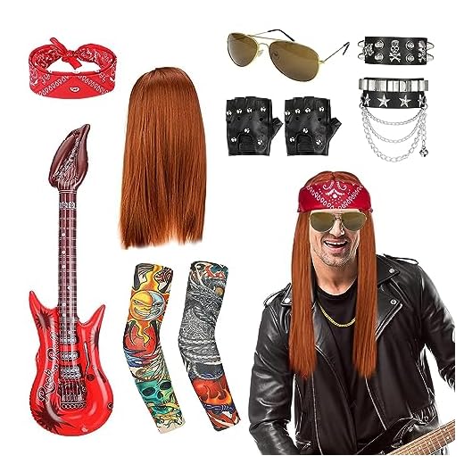 GothicBride Disfraz de rocker para hombre de los años 80 y 90, hip hop, kit de disfraz de punker, discoteca, rockero, accesorio para disfraz de estrella