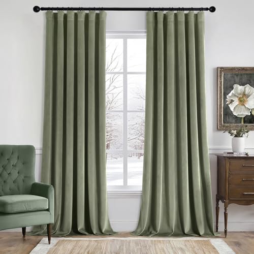 Image of MIULEE Velvet Curtains 50W x 96L 2 Panels Sage Green Blackout Curtains | Luxury velvet fabric, pinch pleat design, back tab hooks, thermal insulated, blackout light blocking, for living room bedroom