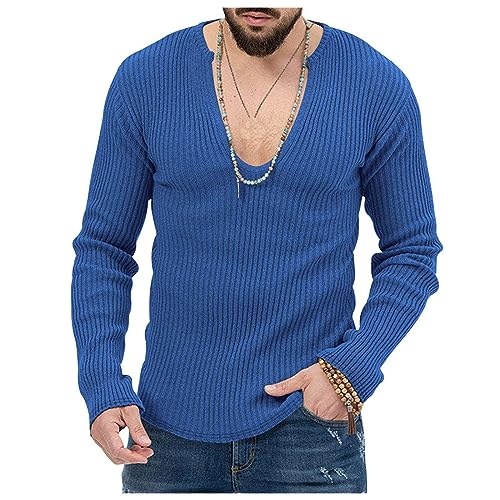 Men's Sexy Deep V Neck Knitted Sweater Slim Fit Lightweight Vintage Pullover Casual Long Sleeve Knitwear Tops