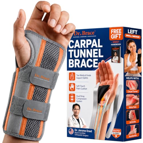 DR. BRACE Carpal Tunnel Wrist Brace Night Support- Hand Brace for Pain Relief- Tendonitis, Sprained, Arthritis- Upgraded Dual Wrist Splints & Therapeutic Cushion, For Women & Men (S/M Left, Grey-Orange)