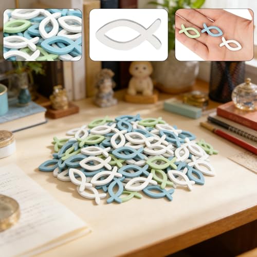 Holz Fisch Deko Set 108 Stück,3 Farben Weiß Grün Blau,Natürliche Holzfische als Streudeko,Tischdekoration für Taufe,Kommunion, Konfirmation,Heiligen Abendmahl und Festliche Anlässe