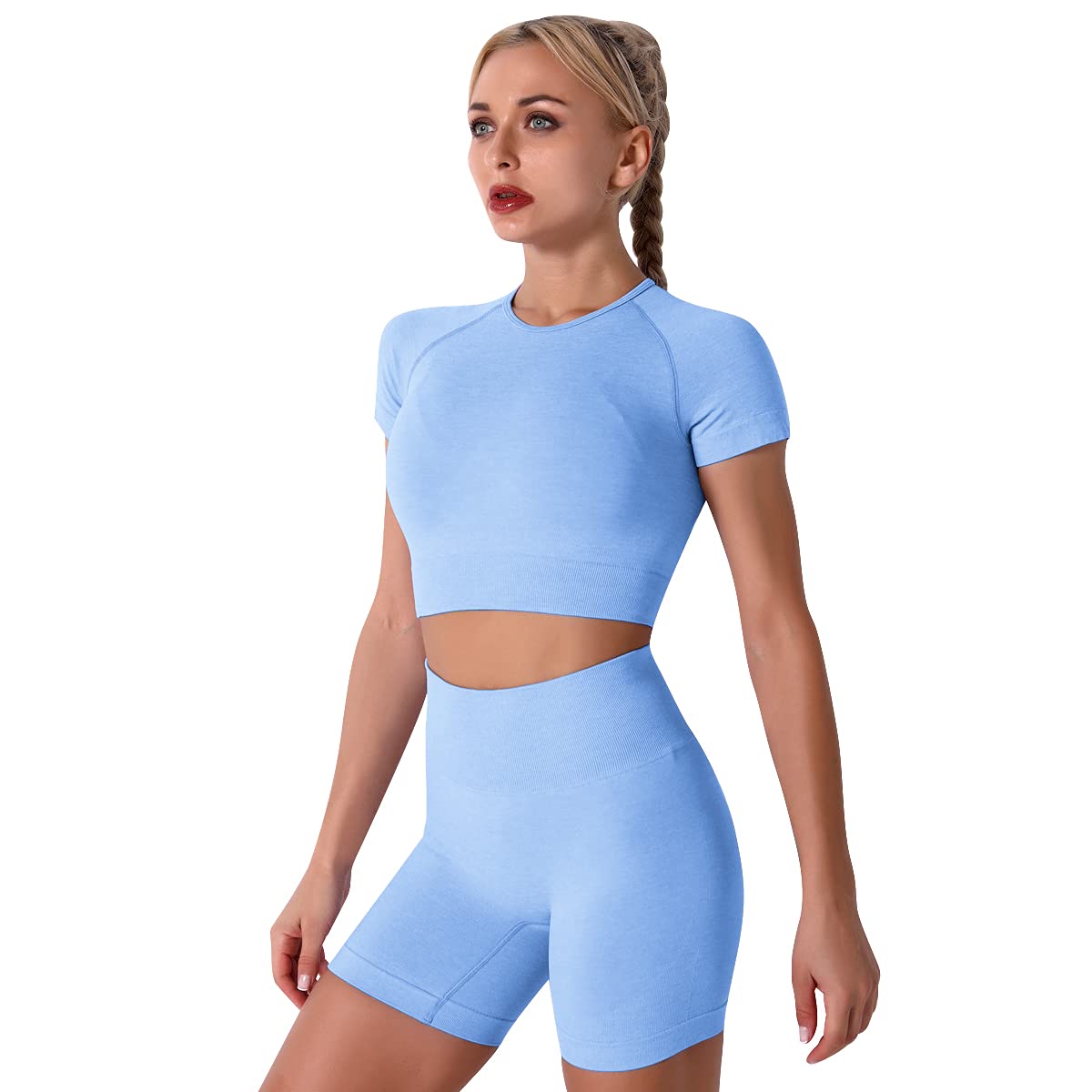 Yoga Outfits for Women 2 Piece Seamless Workout Set High Waist Tummy Control Yoga Shorts Pants with Sports