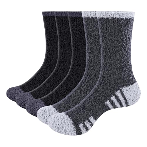 GiveGift Kuschelsocken Herren 47-50 Plüschsocken Bettsocken Dicke Weiche Plüsch Flauschige Winter Warme Socken für Männer Fuzzy Fluffy Socks 5 paar (3Schwarz + 2Grau)