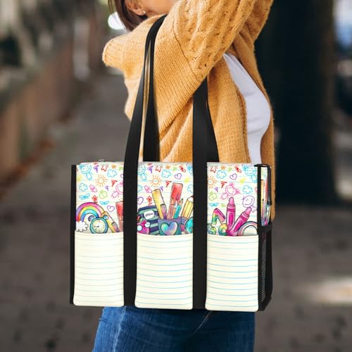 Image of 84hoods Multi-Pocket Tote Bag for Women. Gift for Teachers. Waterproof Shoulder Bag with Multiple Convenient Pockets and Zipper for Travel, Work, Grocery. Tiny Humans.
