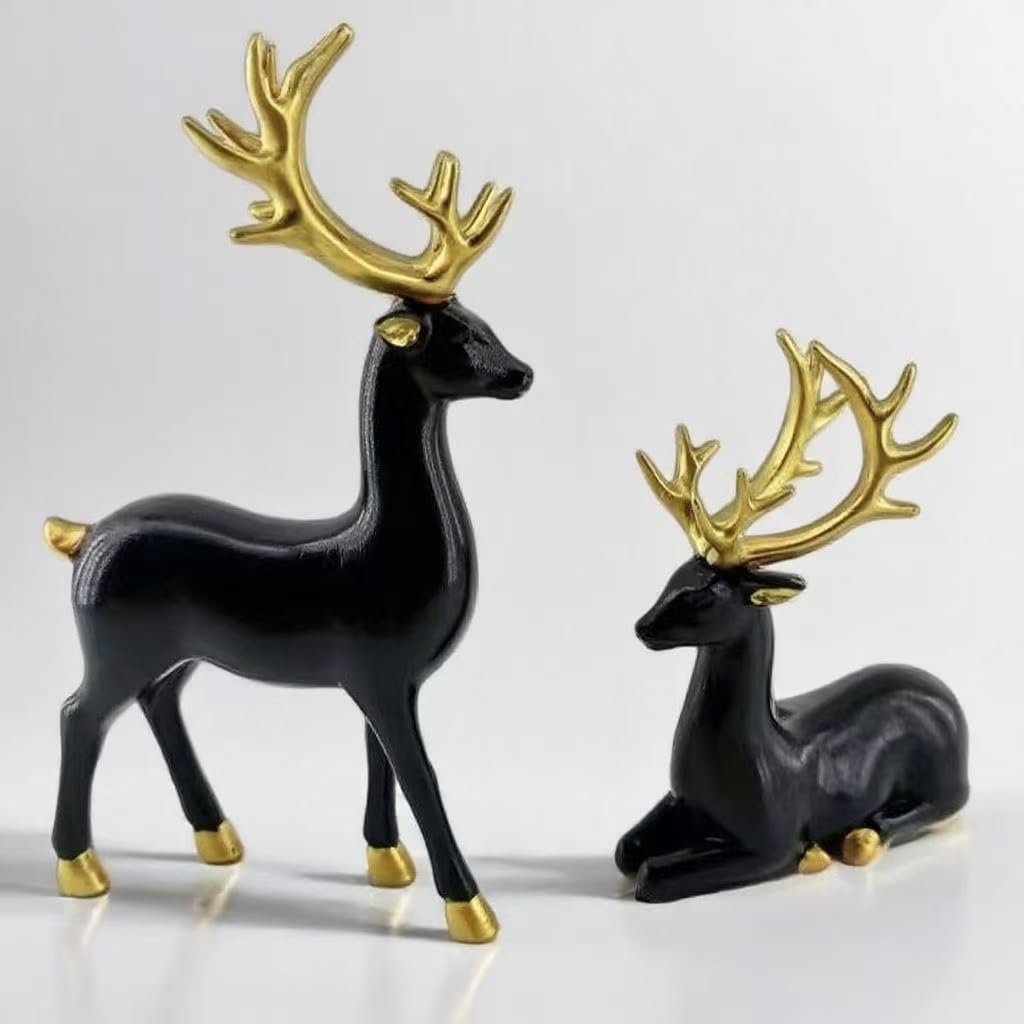 Mounteps 2 Pcs Xmas Reindeer Figurines | Indoor Holiday Decor Statues, Elegant Table Centerpieces for Christmas Party, Home Shelf & Entryway Display (Black&Golden)