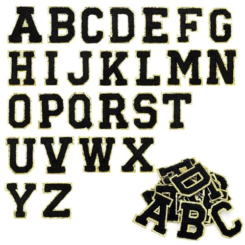 ATTEEFI 26 Piezas Letras Adhesivas para Tela, Negro Pegatinas Letras Adhesivas, A-Z Parches Bordados Personalizados, con Borde de Lentejuelas Doradas, para Ropa, Bolsos y Mochilas