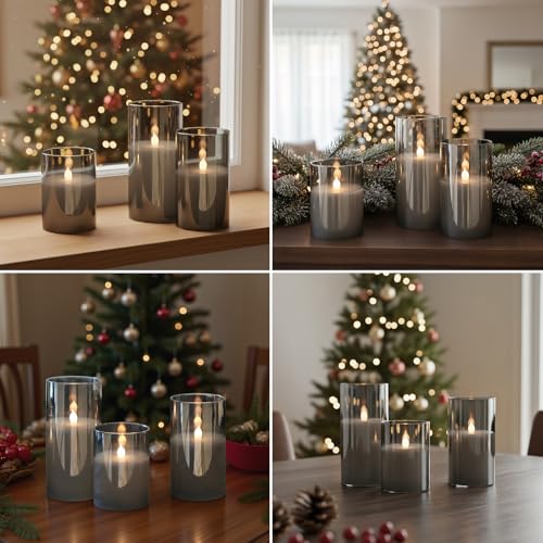 Image of GenSwin Gray Glass Battery Operated Flameless Led Candles with 10-Key Remote and Timer, Real Wax Candles Warm White Flickering Light for Home Decoration(Set of 3)