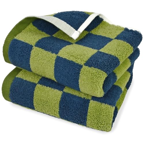 Jacquotha Checkered Kitchen Hand Towels Set of 2 (Green and Navy), Soft Cotton Terry Cloths