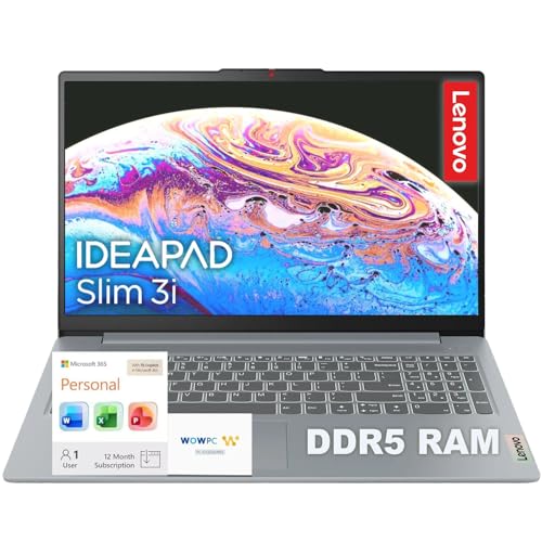 Image of Lenovo IdeaPad Slim 3i • 15.6 inch FHD Laptop with Microsoft 365 Included • Intel 4 Cores • 1.1TB Storage (128GB SSD + 1TB OneDrive) • LPDDR5RAM • Privacy Shutter • Dolby Audio • Win 11