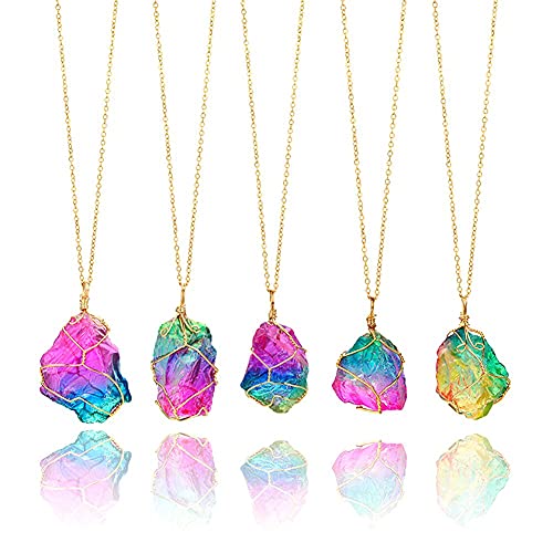 Riuty Cristal Colgante Collar Piedra de Cristal Natural Arco Iris Roca Cuarzo Colgante Collar Alambre Lleno Envolver Joyas de Piedras Preciosas Accesorios de Regalo para Hombres y Mujeres Cover