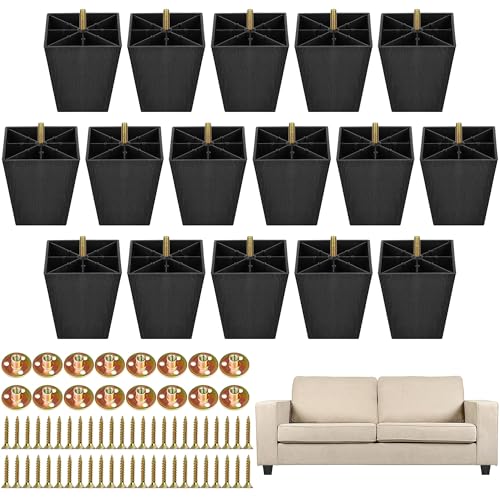 TURSTIN 16 Pack 4 Inch Furniture Legs Plastic Sofa Couch Legs Square Tapered Feet Sofa Legs with M8 T-Nuts Screws for Legs Sofas Chairs Cabinets Dressers Beds Black