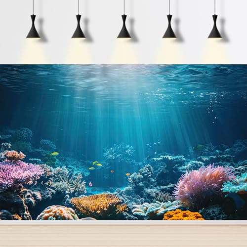 Image of Under The Sea Aquarium Background Deep Sea Coral Reef Terrarium Backdrop Tropical Fish Rocks Plants with Vivid Sunset Sky Fish Tank Background Vibrant Underwater World Theme Backdrops 72x18in