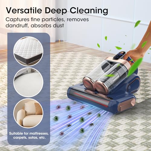 Image of Bed Mattress Vacuum Cleaner Cordless 16Kpa Handheld Vacuum, Vacuum Cleaner with 253.7nm UV-C Light,HEPA Filter & Ultrasonic, Portable Vacuums for Sofa Couch Crib Birthday Gifts for women blue+gold | HEPA Filter & Ultrasonic, Portable Vacuums for Sofa Couch Crib Birthday Gifts for women blue+gold Cordless