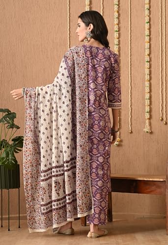 Image of Amazon Brand - Tavasya Women Cotton Anarkali Kurta Pant Dupatta Set | Printed Ethnic Suit Set | Flared Anarkali Kurta with Pant & Dupatta | Festive & Casual Wear