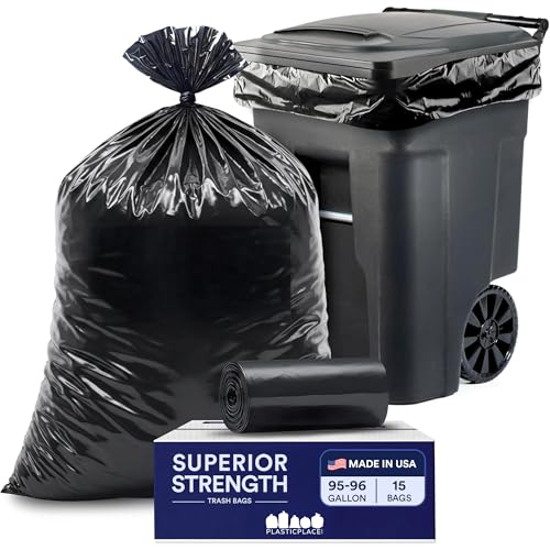 Plasticplace 95-96 Gallon Heavy Duty Black Trash Bags - Contractor Grade, Extra Large Garbage Bags for Construction & Outdoor Trash Cans, 1.2 Mil Thick, 61” x 68” (15 Count Roll)