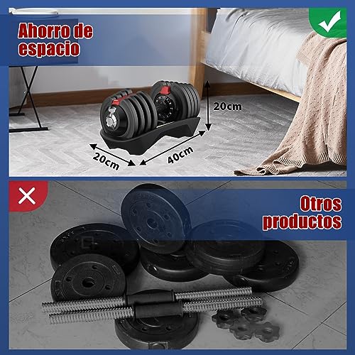 Adjustable dumbbell 1.5 to 18 kg with storage base for women and men, dumbbell set with weight plates, space saving for training, variable weights 12 in 1