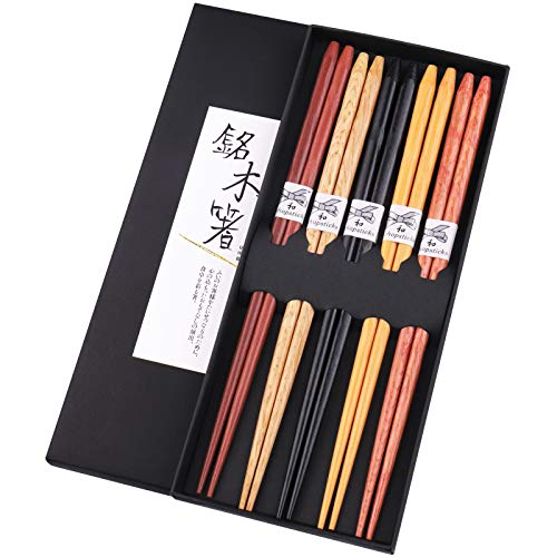 GLAMFIELDS Reusable Chopsticks Japanese Natural Wooden 5 Pairs Classic Style Lightweight Hand-Carved Safe Chop Sticks 8.8 Inch/22.5cm Gift Set