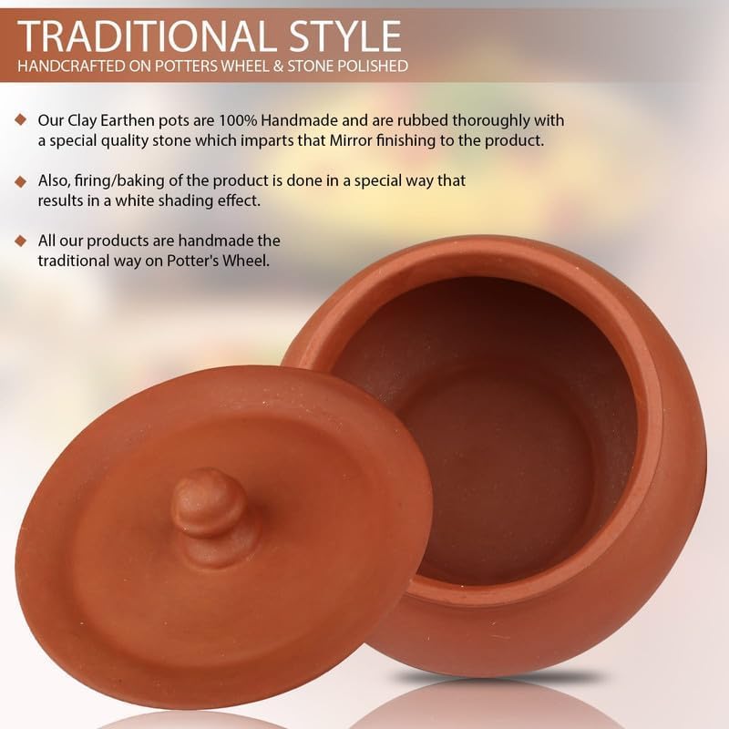 Image of Bhanvi 1000ml Earthen Clay Curd Pot with Lid for Making Curd Chach Lassi Dahi Kadai Handi Mitti Ke Bartan Unglazed Clay Pot Serving Use in Oven Not for Cooking