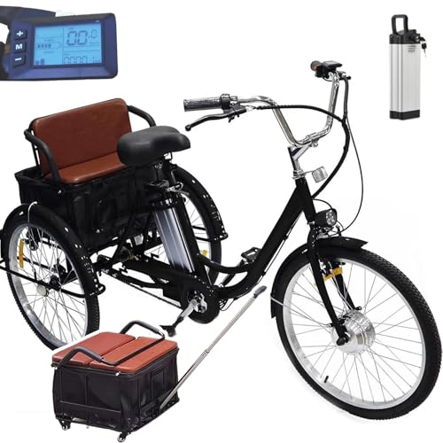 LJYKBFL Elektro-Dreirad für Erwachsene, 24-Zoll-Dreirad, mit 36-V-12-Ah-Akku, 35-40 km Reichweite, 150 kg Tragkraft, Trainings- und Einkaufsroller für ältere Menschen,Black-Seat