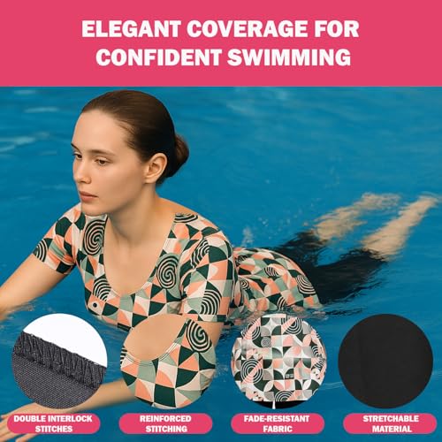 Image of Hacer Frock Style Swimwear with Ethnic Printed Padde Half Sleeve Bodysuit Swimming Costume Knee Length Two Piece Swimsuit for Pool Beach Women (XL, 38, Orange-Green-Black)