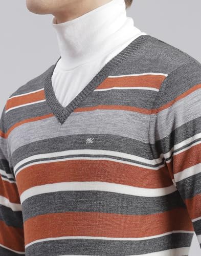 Image of Monte Carlo Royal Blue Striped V Neck Pullover | Warm Woolen Pullover for Men | Soft Comfortable Knitted Winter Wear Sweater for Men's