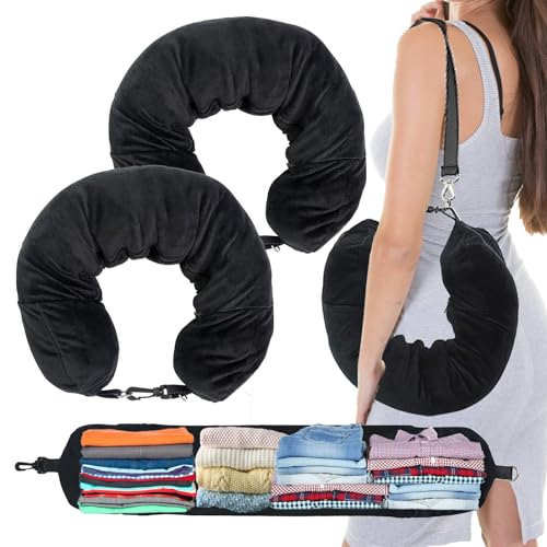 Image of 1 /2PCS Travel Pillow Stuffable with Clothes As Carry-On Luggage Fits Up to 3 Days of Travel Essentials, Multifunctional U-Shaped Pillowcase for Business, Trip, Outdoor (2PCS-Black)