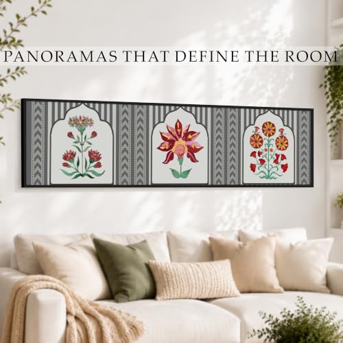 Image of Large Canvas Painting Panel Framed Wall Painting Traditional Indian Lotus Motif Framed Luxury Paintings for Home Decoration, Living room, Bedroom and Office Decor (Red, 13x47 Inch)