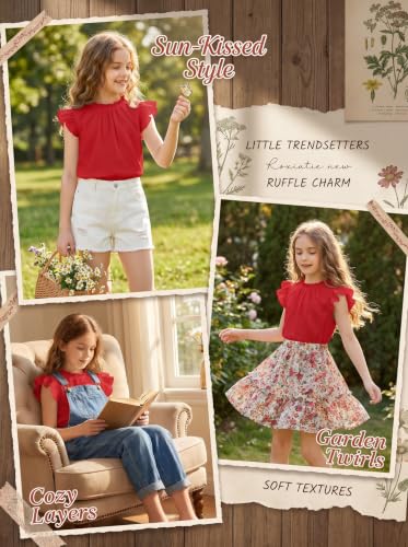 Image of Arshiner Girls Ruffle Short Sleeve Shirts Cute Summer Frill Neck Pleated Textured Blouse Tops
