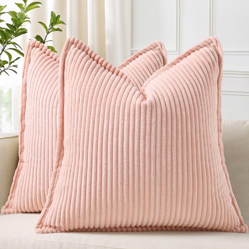 decorUhome Corduroy Pink Throw Pillow Covers 26x26 Set of 2 Decorative Soft Boho Striped Neutral Euro Farmhouse Couch Pillow Cases with Broadside for Living Room Bed Sofa