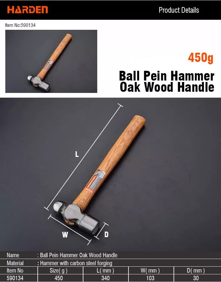 Harden 450 Grams Ball Pein Hammer Oak Handle Professional Series - 590134 1