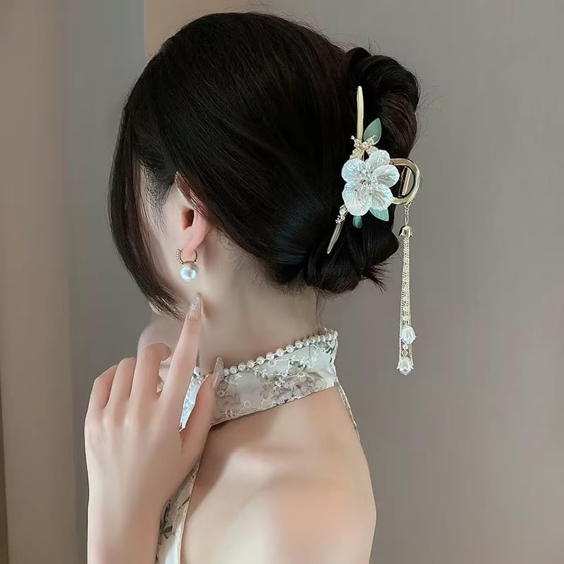 Image of Diversa Rhinestone Golden Claw Clip, Embellished Korean Clutcher, Non- Slip Metal Claw Clip for Girls, Fancy Clutcher for Women, Pack of 1 (Hibiscus)