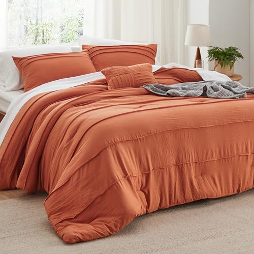 Image of Bedsure King Comforter Set - 4 Pieces Pinch Pleat Bed Set, Burnt Orange Boho Bedding for All Season, 1 Soft Comforter, 2 Pillowcases, 1 Decorative Pillow