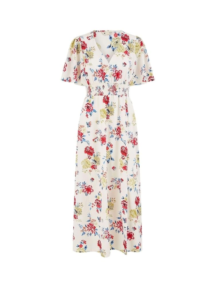 Yumi White Floral Recycled Fabric Ruched Waist Midi Dress (UK, Numeric, 12, Regular, Regular, Ivory)