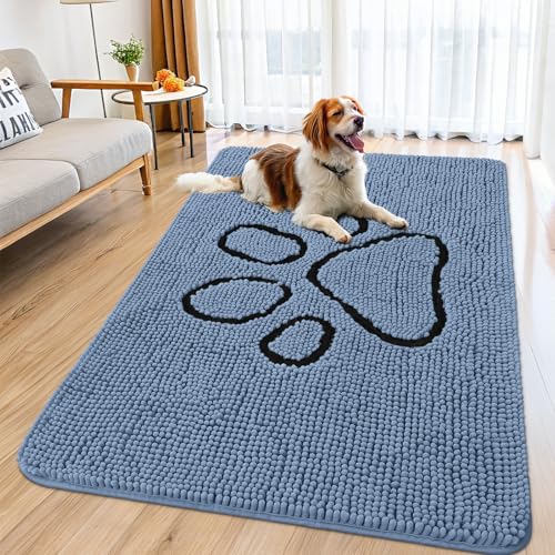Image of Smiry Dog Door Mat for Muddy Paws, Absorbent Dirt Trapper Non Slip Quick Dry Washable Chenille Mat for Mud Dogs, Entry Rug for Indoor and Outdoor (59x35 Inches, Airy Blue and Black)