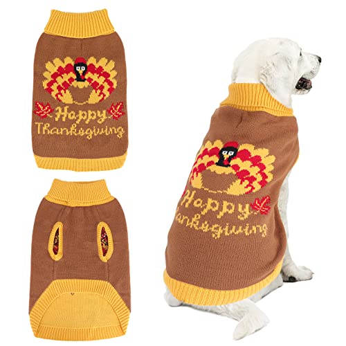 YUEPET Thanksgiving Dog Sweater with Turkey Pattern Classic Knit Pullover Dog Clothes with Leash Hole Suitable for Dogs(L)