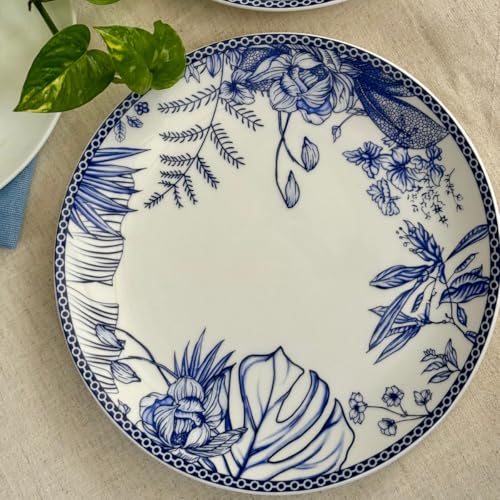 Image of GOLDEN QUEEN'S Handcrafted Dinner Plates: Set of 2 | Perfect for Hosting and Daily Meals | Microwave Safe Plates | 11 inch | Serves 2 - Classic Blue Floral