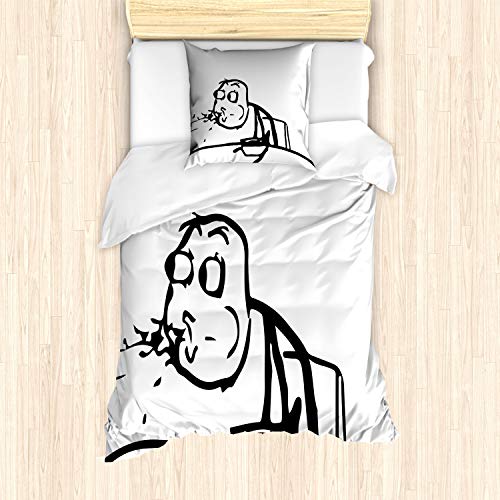 ABAKUHAUS Humour Ensemble de Housse de Couette, Weird Comics Troll Mémé, Décoratif 2 Pièces avec 1 Taie d'oreiller, 135 x 200 cm - 80 x 80 cm, Noir et Blanc