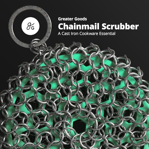 Image of Greater Goods Chainmail Scrubber, Silicone and Stainless Steel Chainmail Scrubber for Cast Iron Pans, 1pc, Designed in St. Louis, Teal