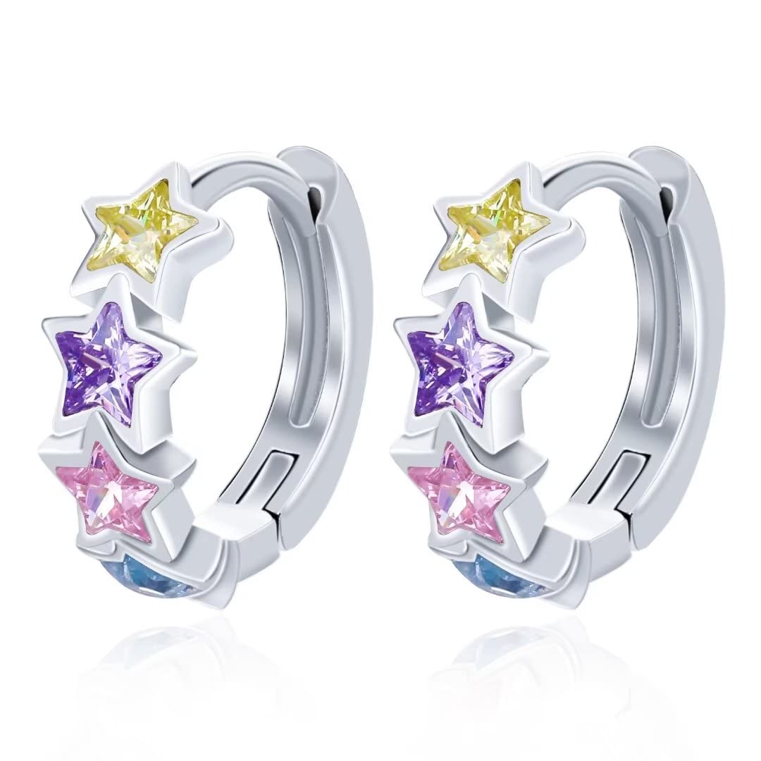 QingsPendientes de aro Huggie de Estrella Colorida,Pendientes de Estrella de Plata de Ley 925, Regalos de Cumpleaños de Zirconia Cúbica Colorida para Chicas Adolescentes y Mujeres