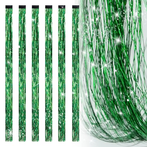 19.7 Inch Clip In Hair Tinsel Fairy Hair Tinsel Kit Clips Clip On Glitter Hair Tinsel Extensions (Green)
