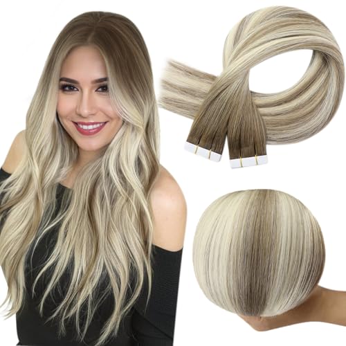 Image of Full Shine Virgin Tape in Extensions 12Inch Color 8 /8 /613 Remy Invisible Tape in Hair Extension Double Sided Seamless Skin Weft Real Human Hair Straight 20 PCS 30 Gram for Woman Add Volume Natural
