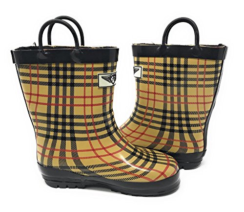 Forever Young Kid's Rubber Pull Up Checker Plaid Print Rainboots, 12, Tan