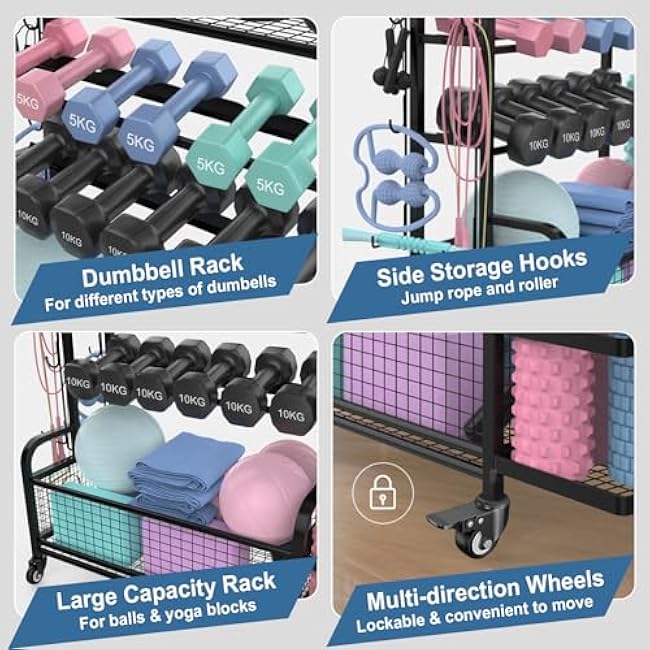 Eglua 4-Tier Heavy-Duty Home Gym Storage Rack with Adjustable Shelves & Lockable Wheels - All-in-One Workout Equipment Organizer for Dumbbells, Kettlebells, Yoga Mats, Foam Rollers, Resistance Bands, and More (Black)