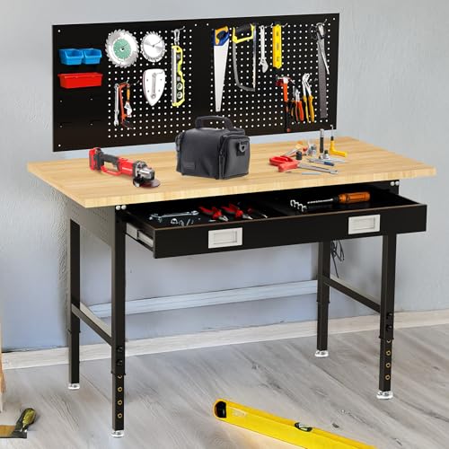 Image of 60 inch Workbench with Drawers, Adjustable Height Work Table, 2000 LBS Heavy-Duty, Rubber Wood, Black, Steel