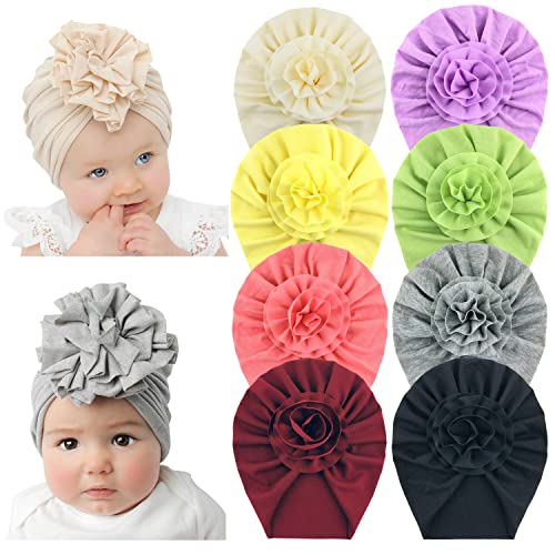 Image of inSowni 8 Pack Solid Nursery Hospital Turban Hat Cap Beanie Bonnet with Big Flower for Baby Girls Toddlers Newborns Infants