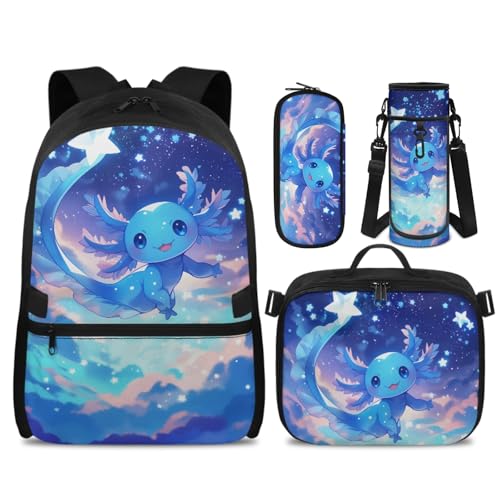 SCRAWLGOD 2-in-1 Blue Axolotl Backpack for School Girls 1st Grade with Detachable Lunch Box – 4PCS Lightweight Starry Night Bookbag for Elementary First Grader – Ultra-Light 0.5kg