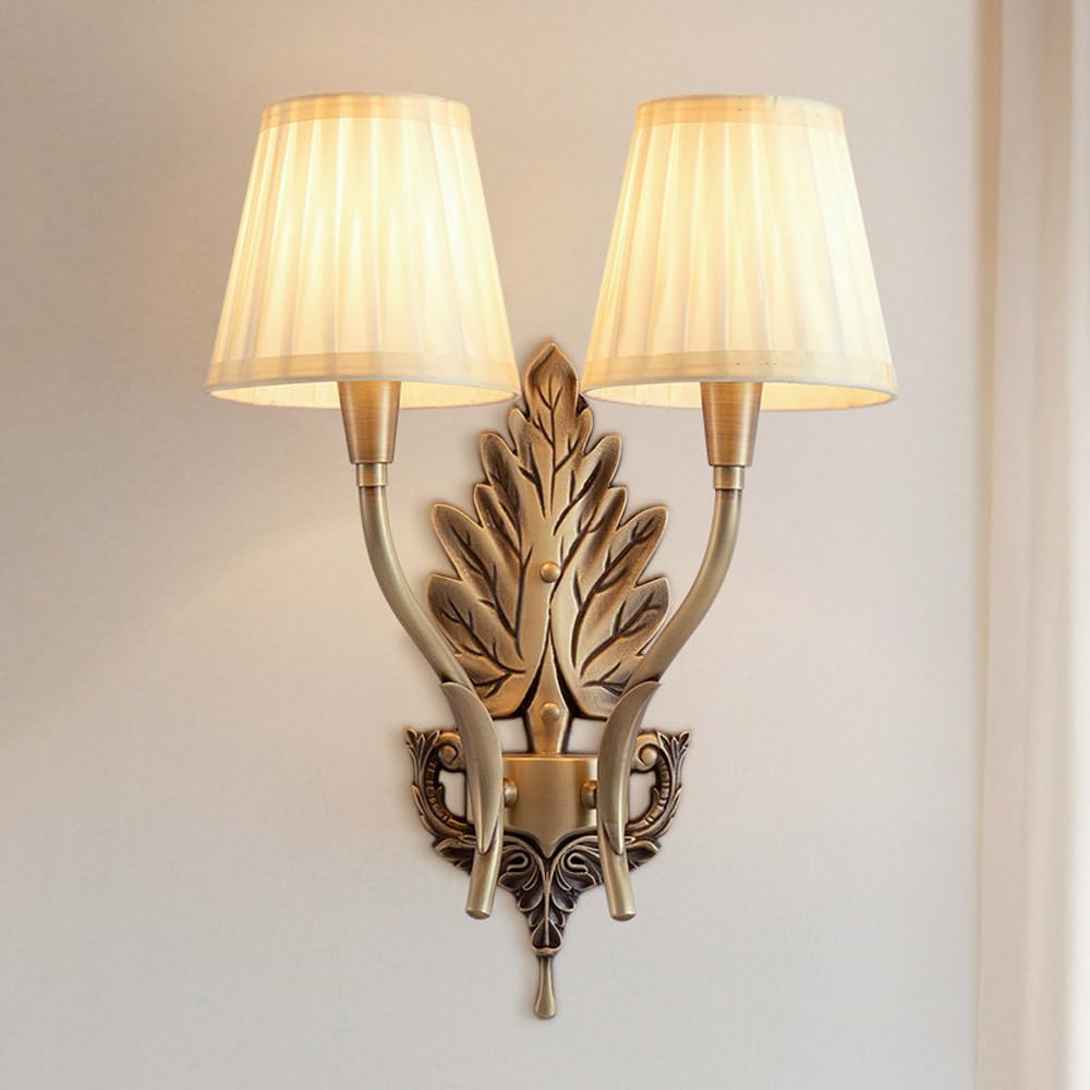 KBUUKYYXouy Wall Lights for Bedroom Antique Brass Wall Sconces Lighting Fixture E14 Vintage Farmhouse Decor Gold with Fabric Lampshade Hardwired Indoor Wall Lamps for Bedro,1-Light(2)