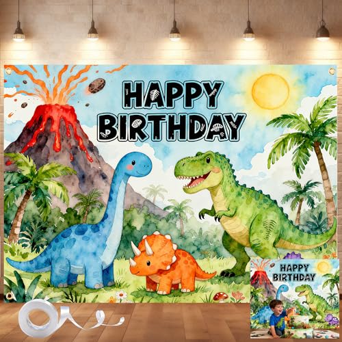 Dinosaur Birthday Backdrop 7x5FT Happy Birthday Dino Banner with Ribbon & Grommets Green Jungle Dinosaur Photo Background for Kids Boy Girl Birthday Party Decor