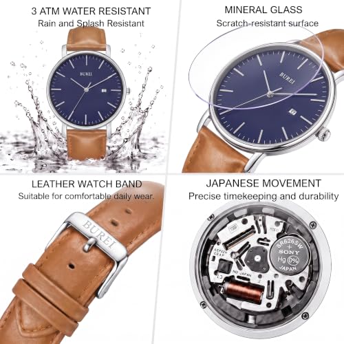 Image of BUREI Men's Fashion Minimalist Wrist Watch Analog Date with Leather Strap