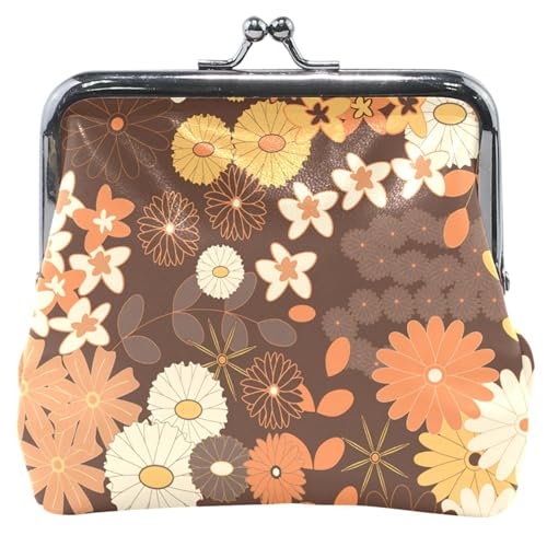 Cartera y bolsillos de cuero de dibujos animados con cerradura de beso, moda, flores de otoño marrón, monedero para niñas, flores de otoño a la moda marrón, Clásico, Flores de otoño de moda marrón